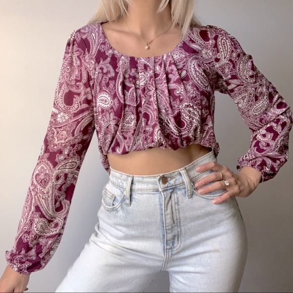 Vintage Tops - VINTAGE | Pleated Paisley Puff Long Sleeve Blouse Crewneck Shirt Top